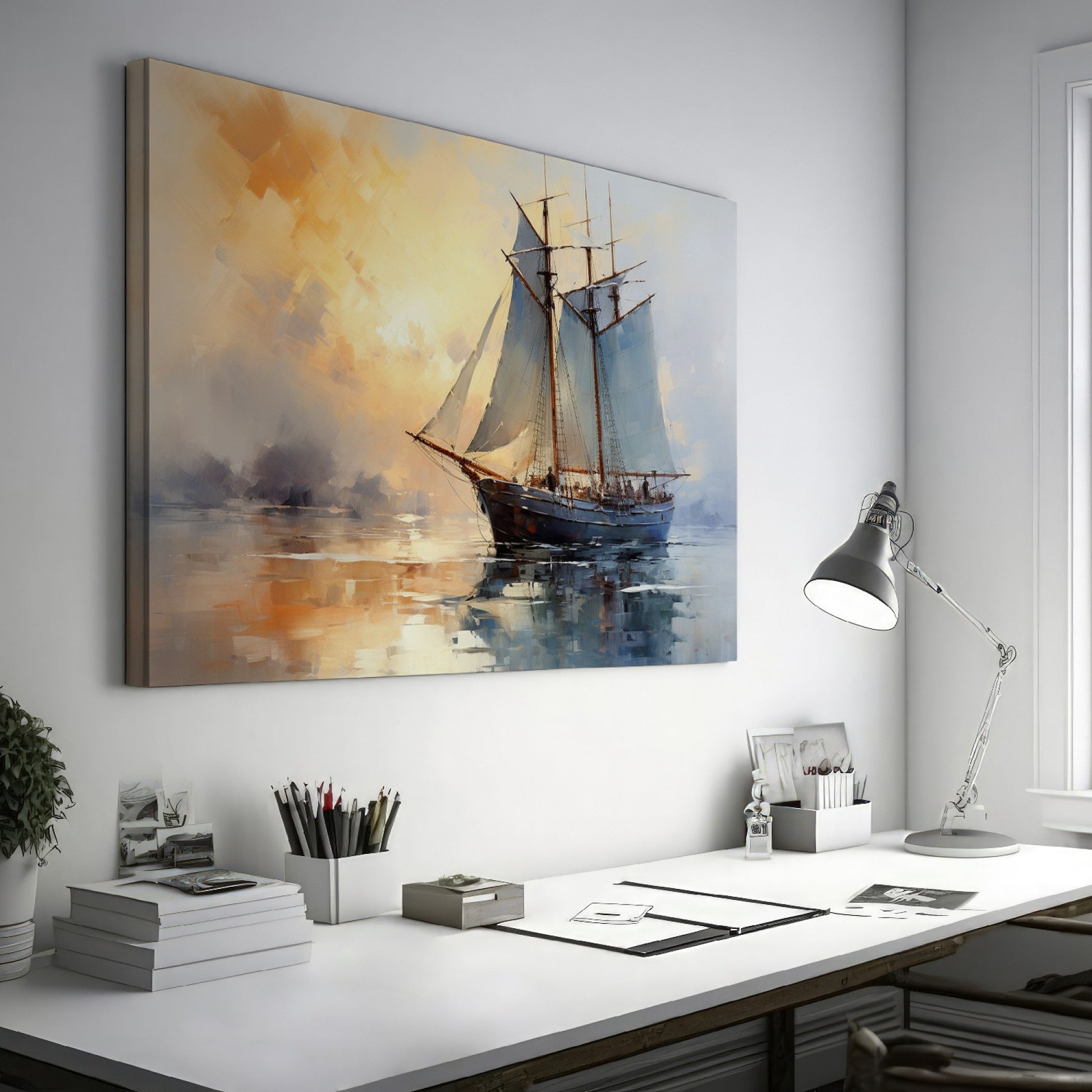 Framed canvas print of an impressionist-style sailing ship at sea during a warm, golden sunset with reflections on the water