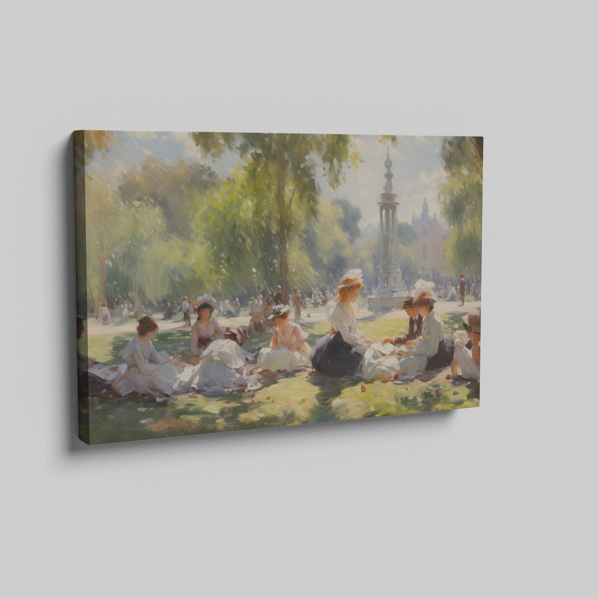 Framed canvas print of a Victorian picnic in a sunlit park with ladies in period attire