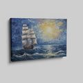 Framed canvas print of a historic sailing ship at sunset with a vibrant seascape