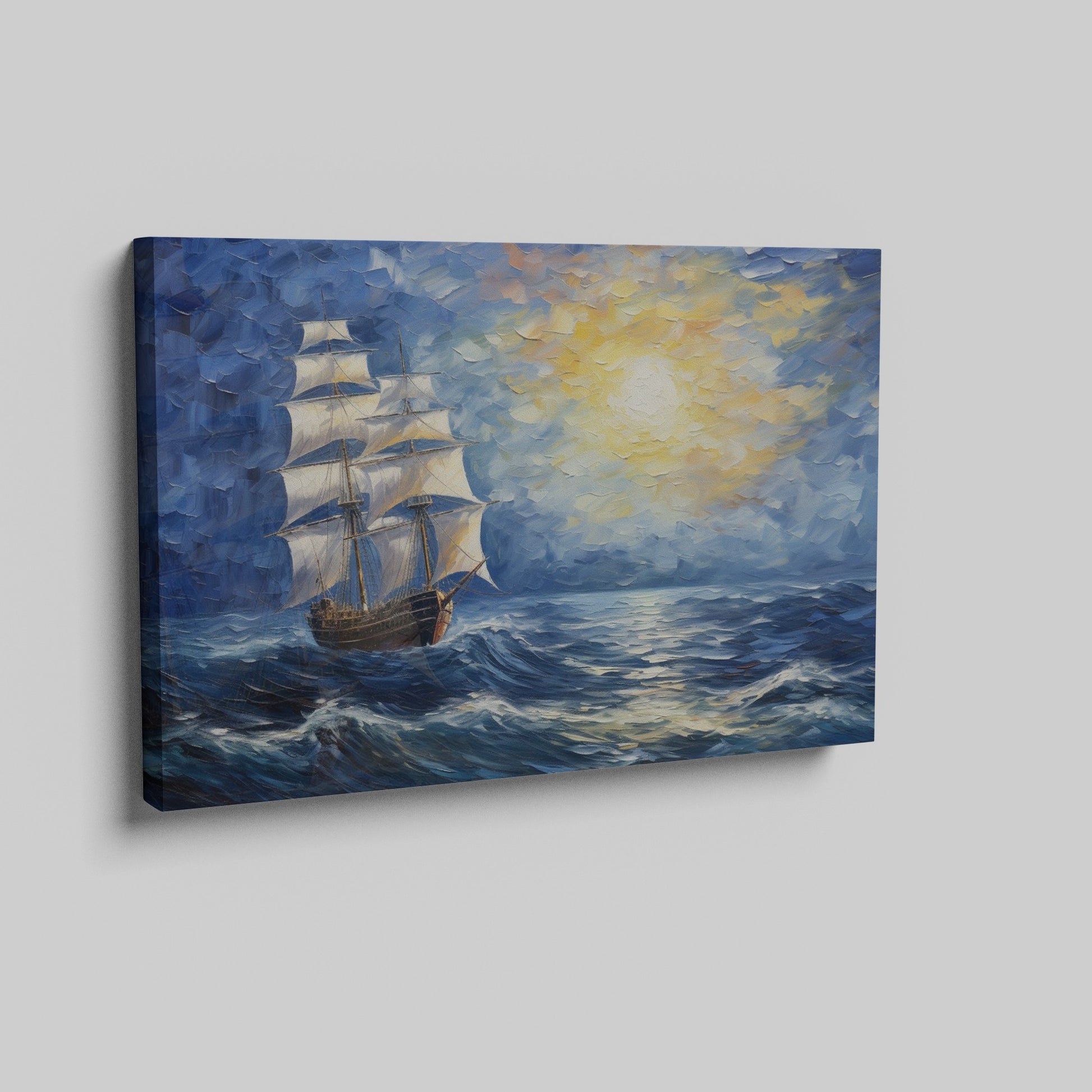 Framed canvas print of a historic sailing ship at sunset with a vibrant seascape