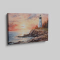 Framed canvas print of a watercolour lighthouse seascape at sunset with vibrant hues of pink, blue, and gold