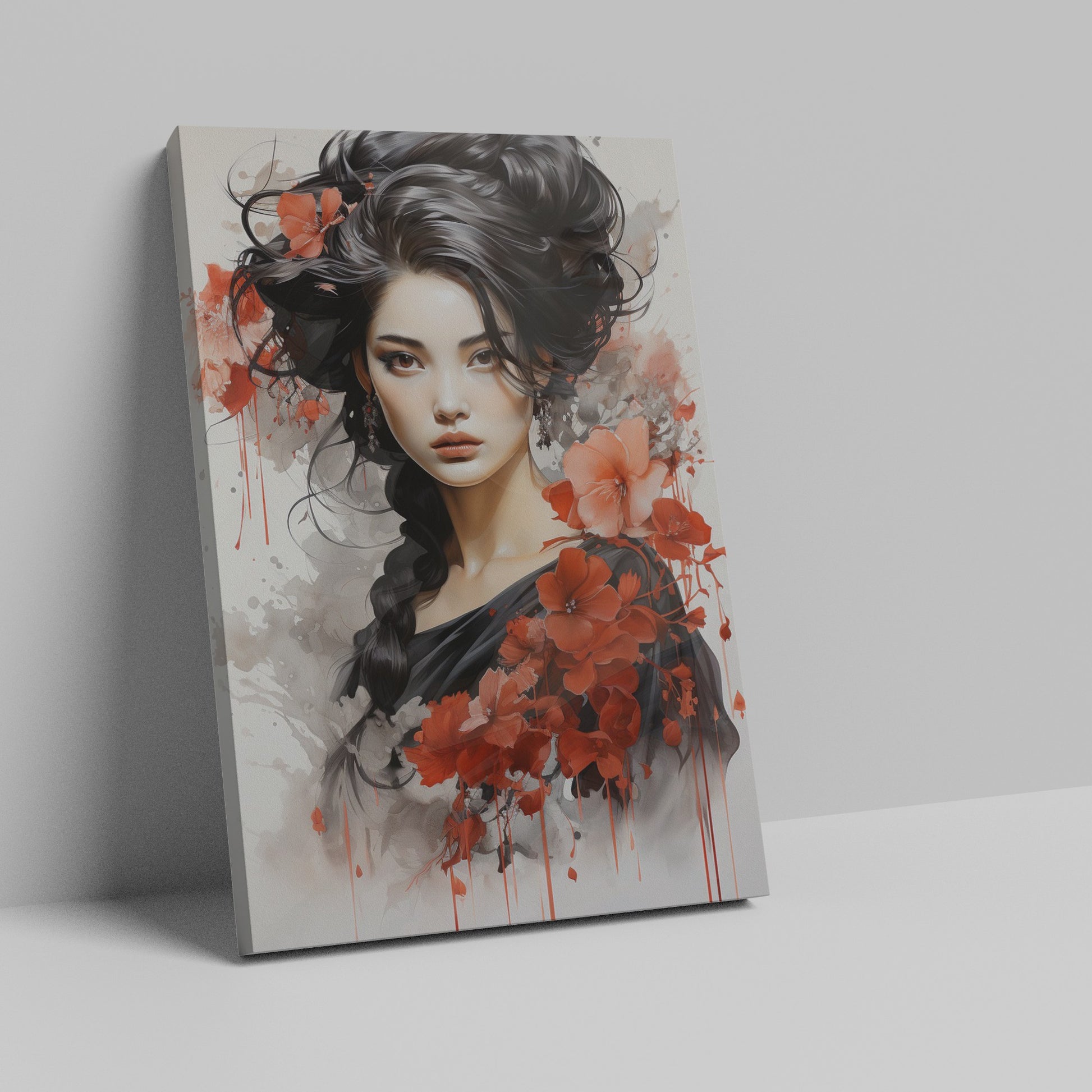 Framed canvas print of a stylised portrait of a woman with red poppies and monochrome elements