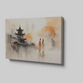 Framed canvas print of Oriental pagoda and autumn reflection with silhouetted figures in mist