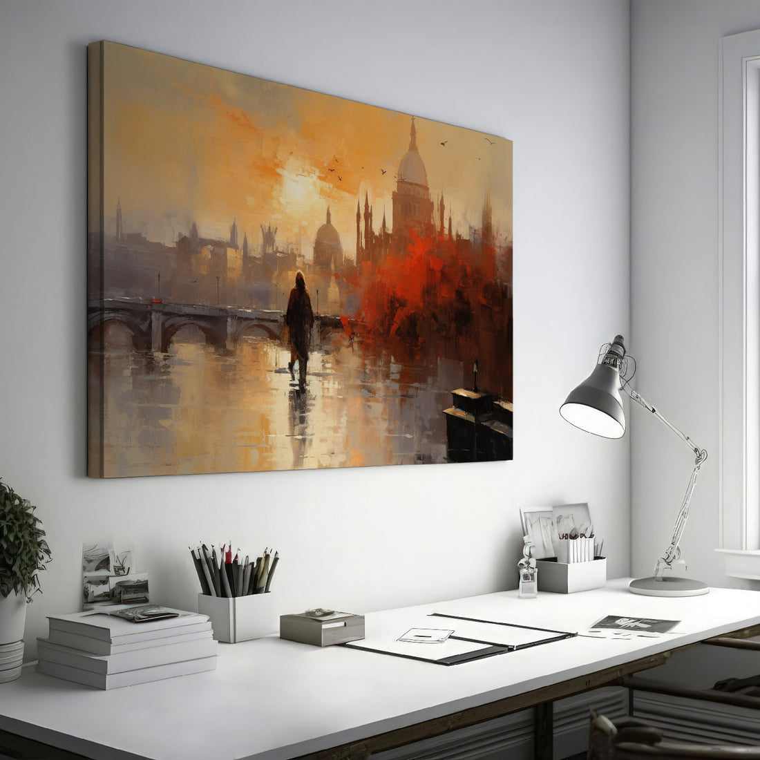 Framed canvas print of an impressionistic cityscape at sunset with reflections on a river