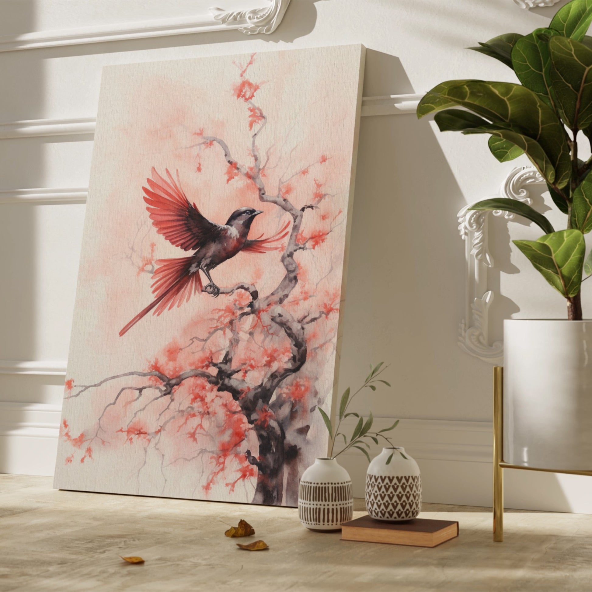 Watercolour artwork of a red-feathered bird in flight near a black cherry blossom tree