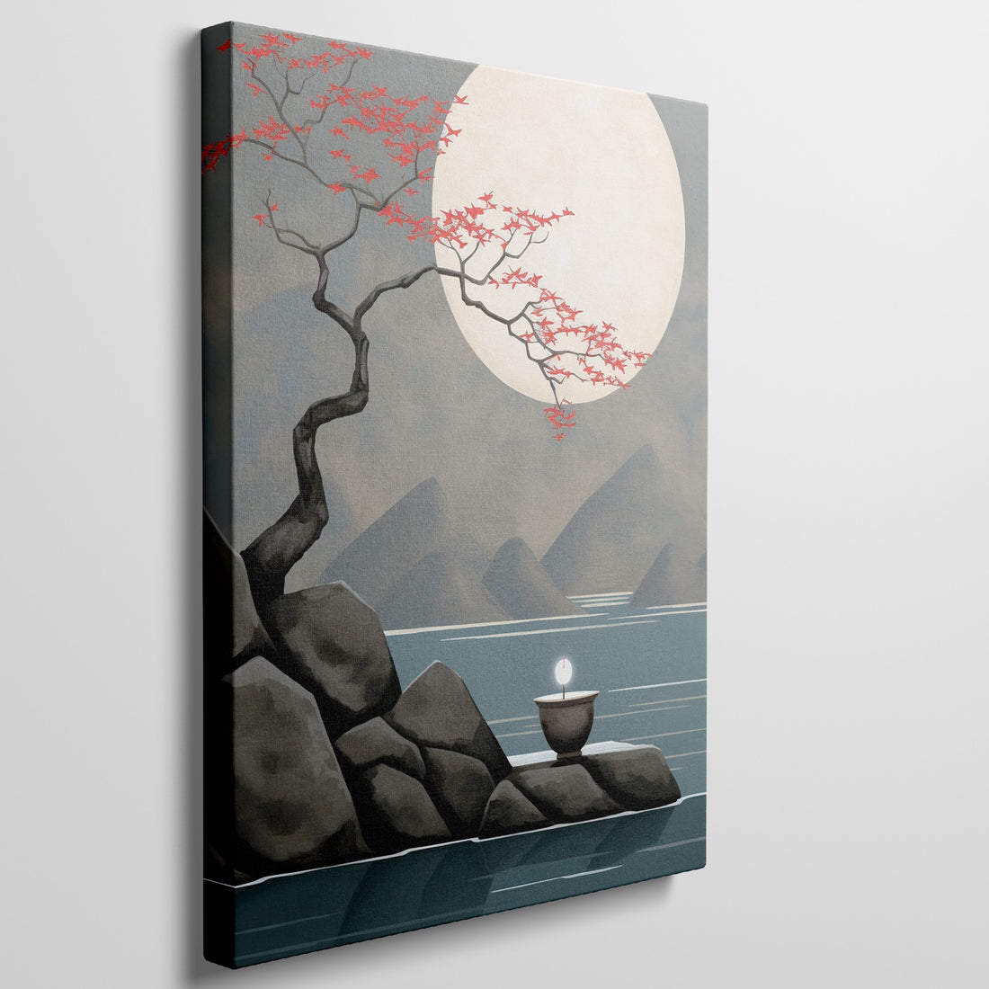 Framed canvas print of moonlit cherry blossoms over mountains with a gentle water reflection