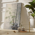 Realistic canvas art of green bamboo leaves and ceramic pots against grey background