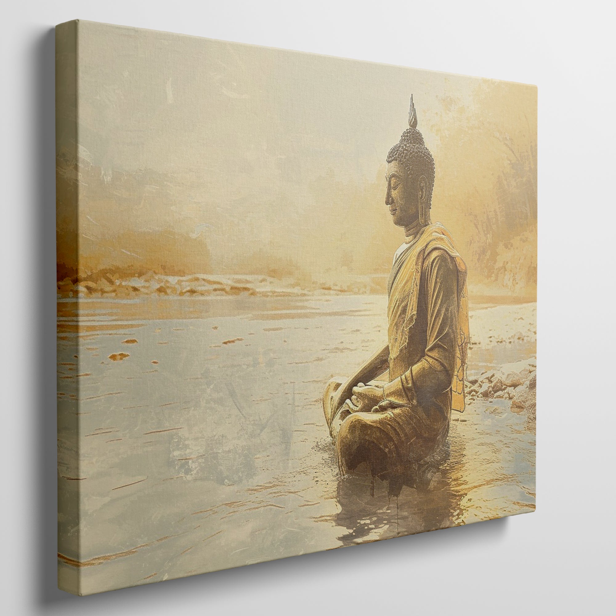 Framed canvas print of a Golden Buddha statue sitting in meditation by the water