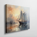 Framed canvas print of an impressionist-style sailing ship at sea during a warm, golden sunset with reflections on the water