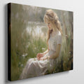 Framed canvas print of an elegant woman in a serene, sunlit meadow