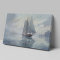 Framed canvas print of an impressionistic painting of a sailboat in a misty seascape setting