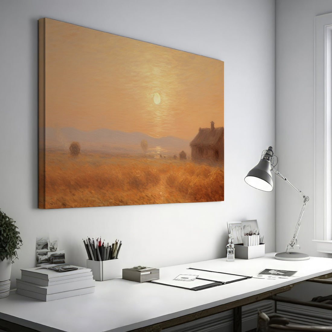 Framed canvas print of a misty, Impressionist-style sunset over a rustic countryside landscape with warm tones