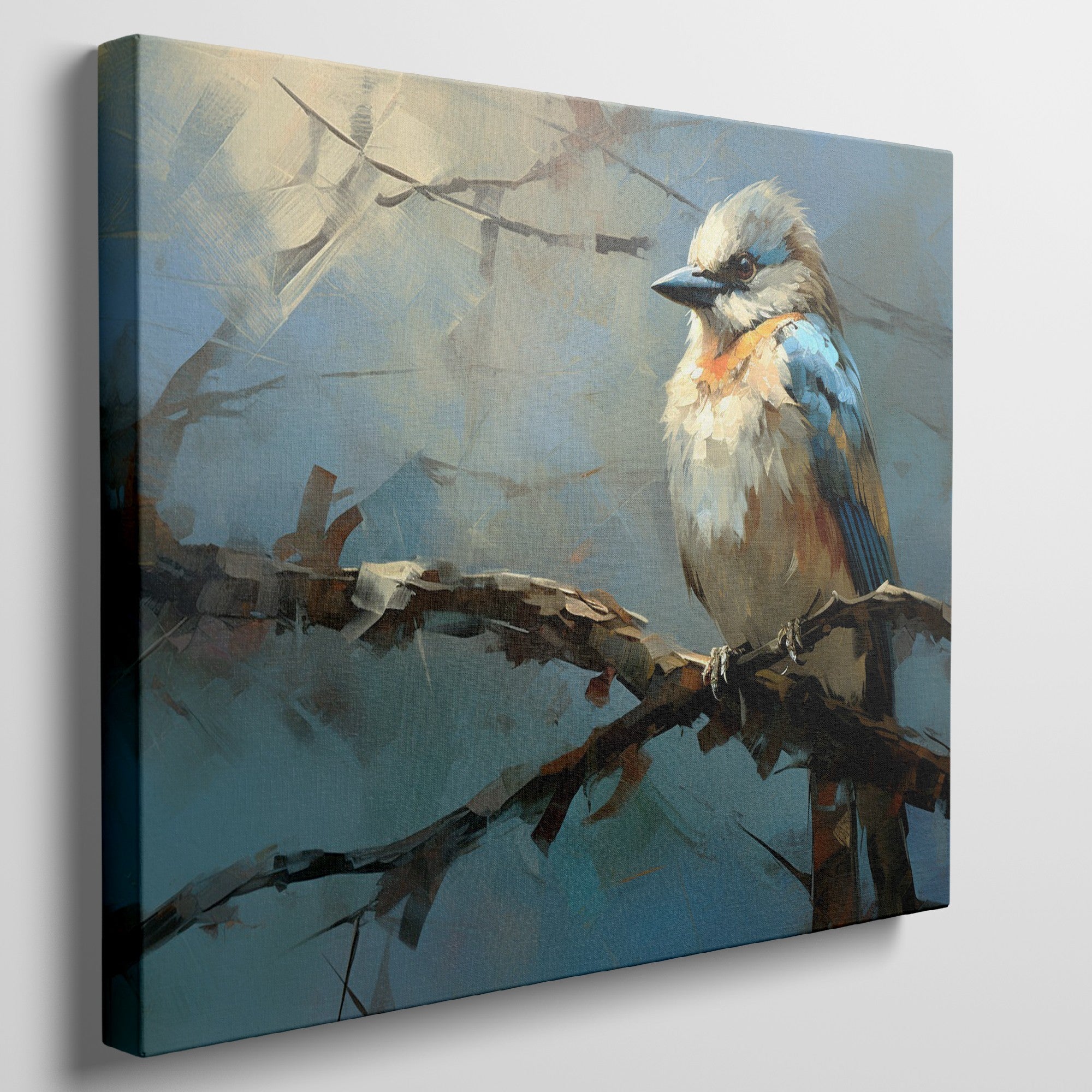 Framed canvas print of a vibrant impressionistic blue bird on a branch with a textured background