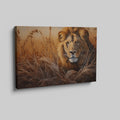 Framed canvas print of a realistic lion portrait in earthy tones