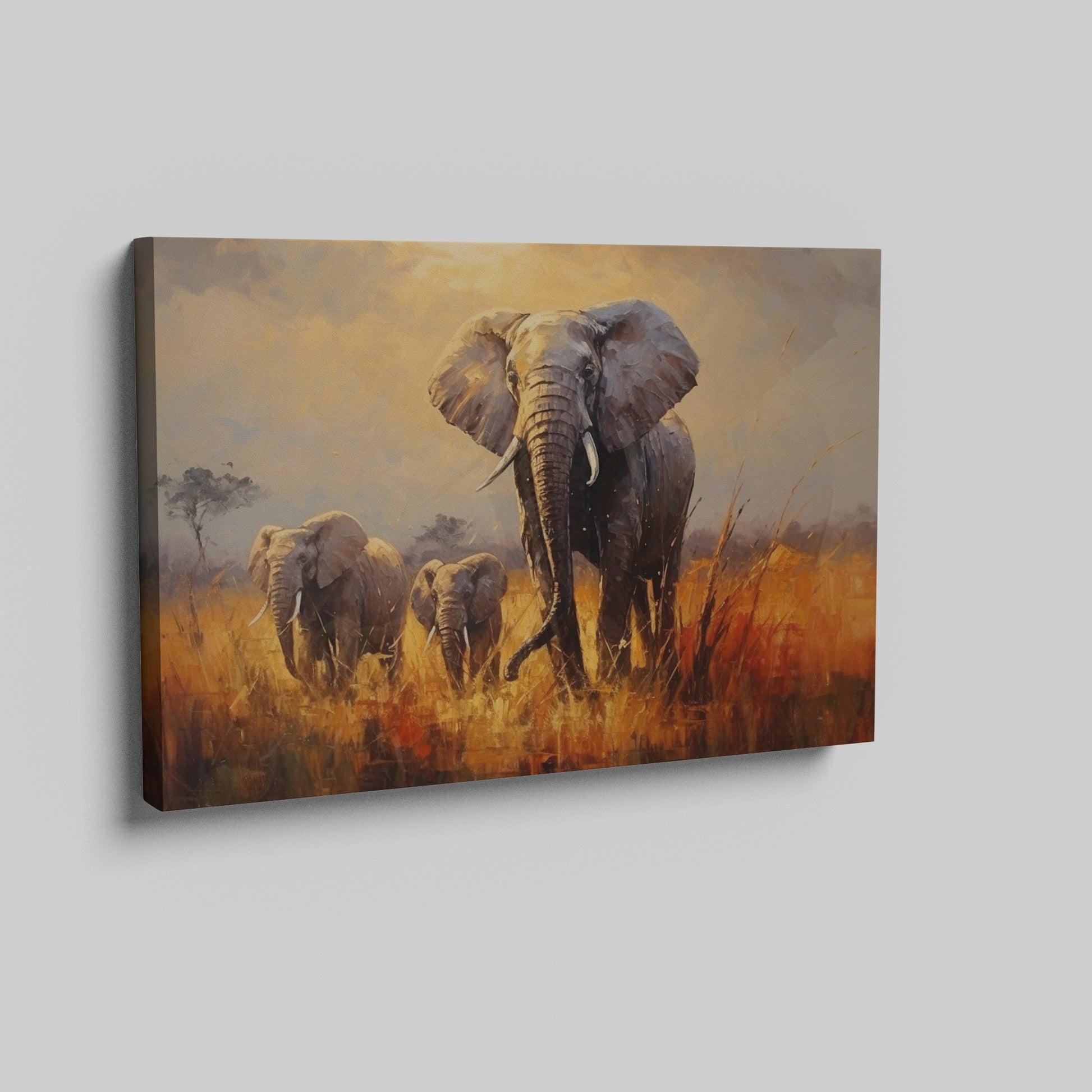 Framed canvas print of a family of elephants in a vibrant, golden savannah sunset