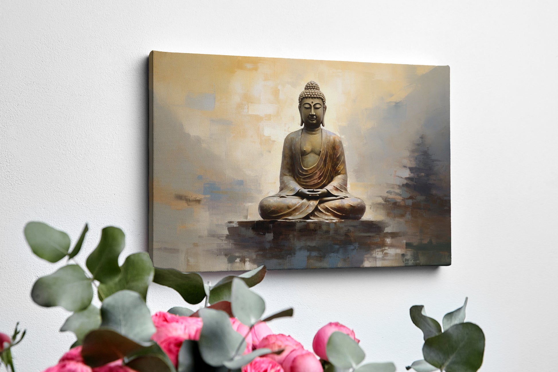 Framed canvas print of a golden Buddha statue with an abstract background