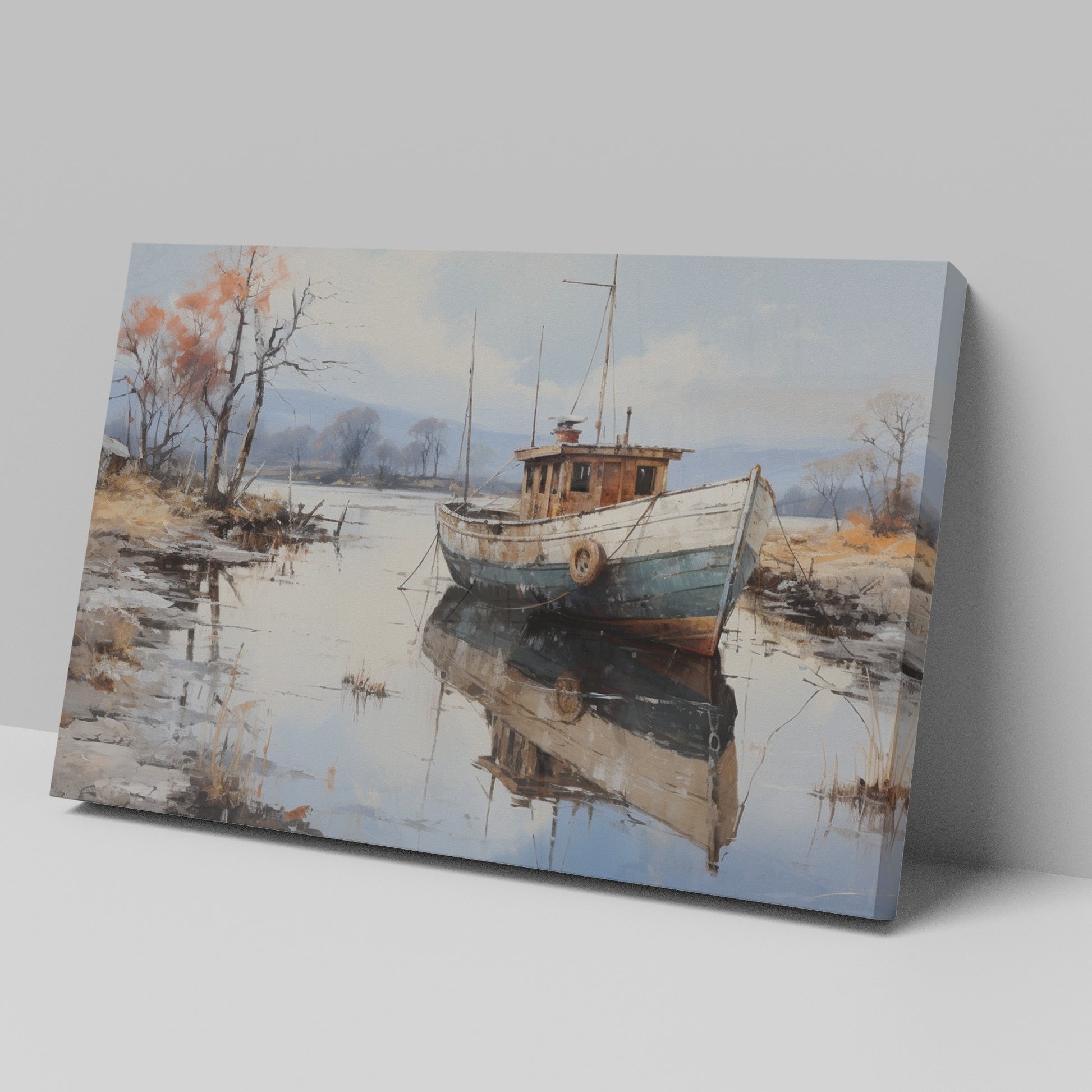 Framed canvas print of a tranquil landscape with a vintage boat moored on calm waters, reflecting autumnal trees