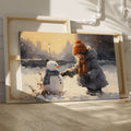 Framed canvas print of a child building a snowman in a snowy urban park during golden hour