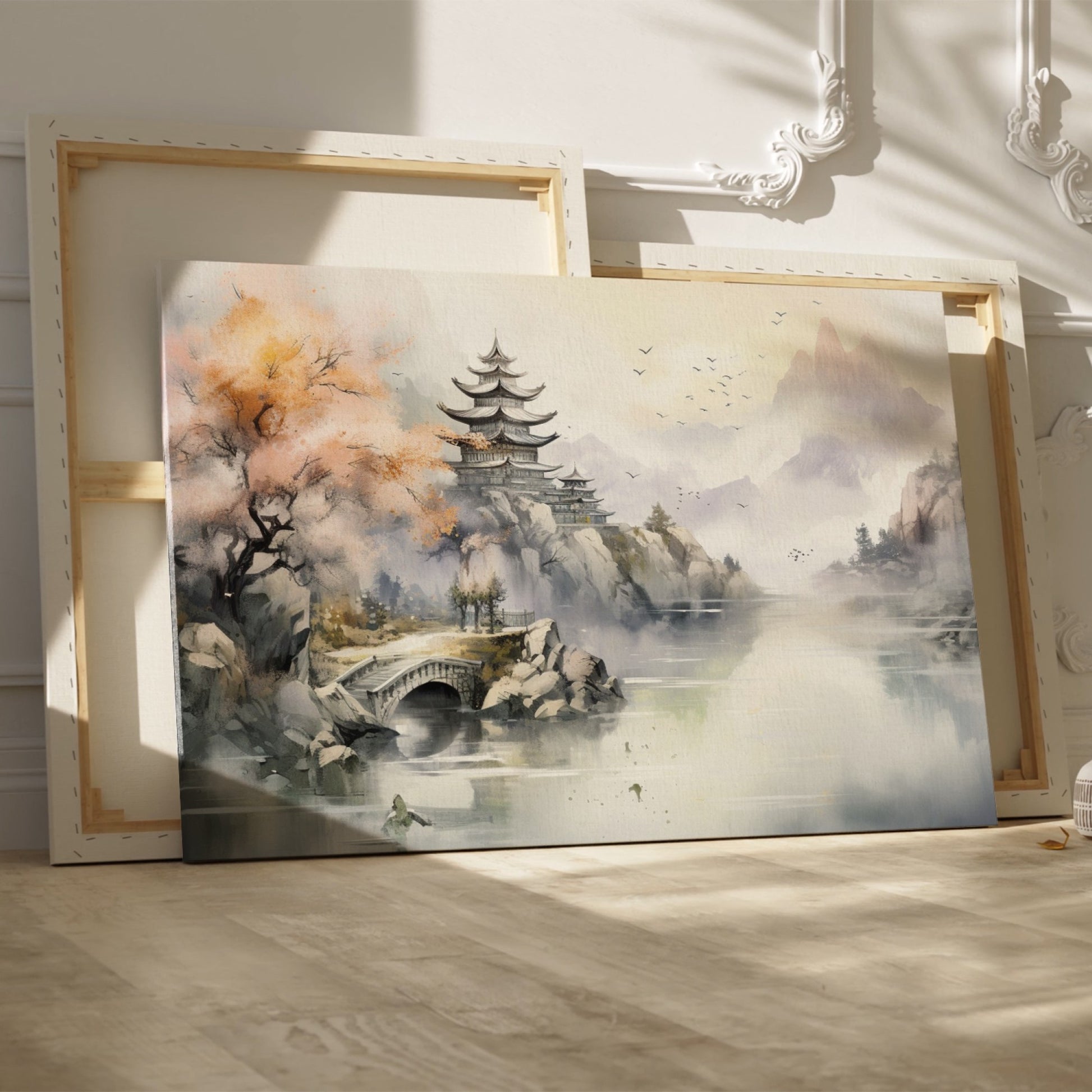 Framed canvas print of a traditional Oriental landscape with pagoda, autumn trees, and misty mountains