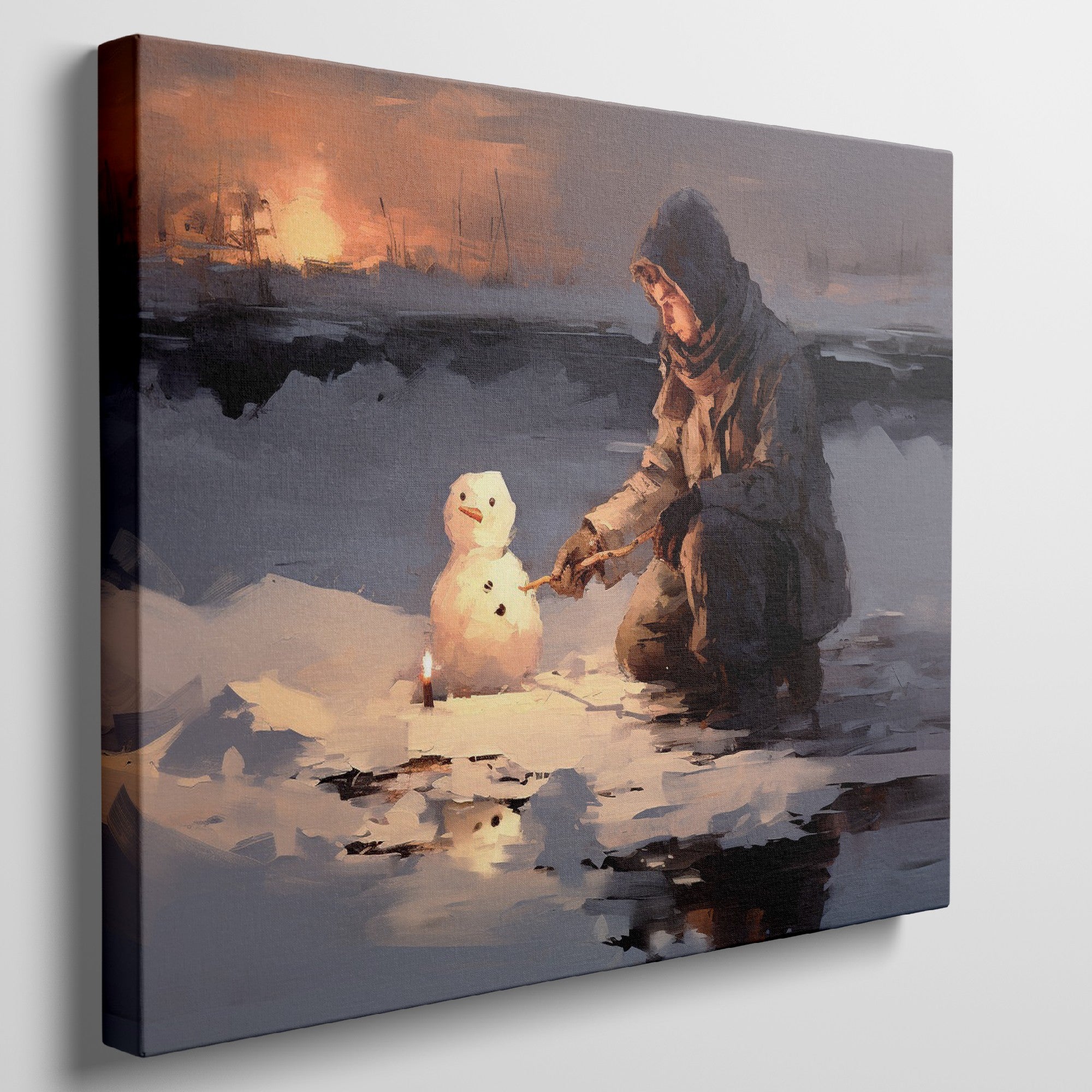 Framed canvas print of a person building a snowman at sunset with a winter landscape