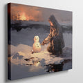 Framed canvas print of a person building a snowman at sunset with a winter landscape