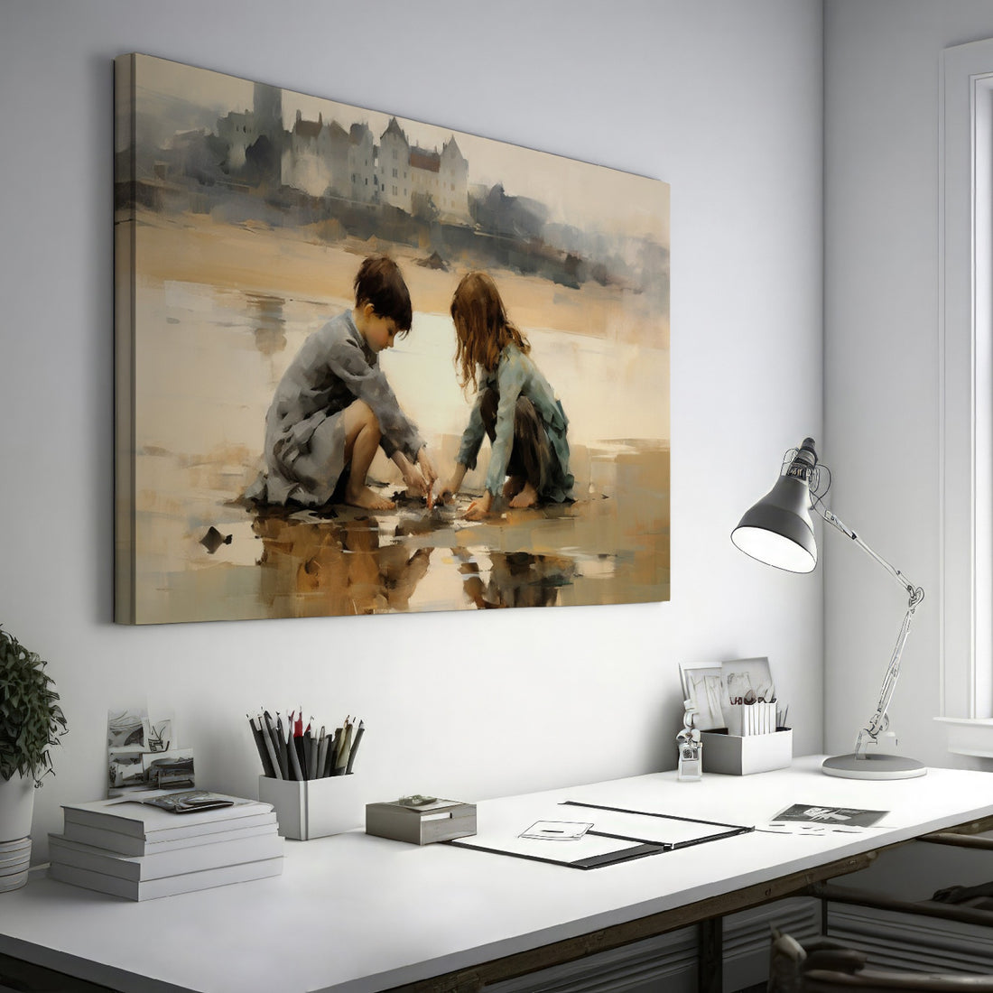 Framed canvas print of two children playing by the shore with a castle in the background