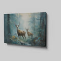 Framed canvas print of two majestic deer in a misty, sunlit forest