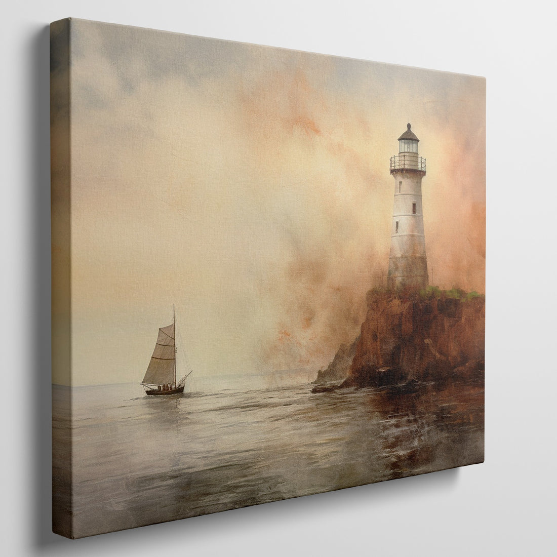 Framed canvas print of a lighthouse on a cliff with a sailing ship at sea during sunset.