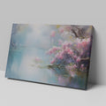 Framed canvas print of a tranquil lakeside scene with cherry blossoms and misty atmosphere