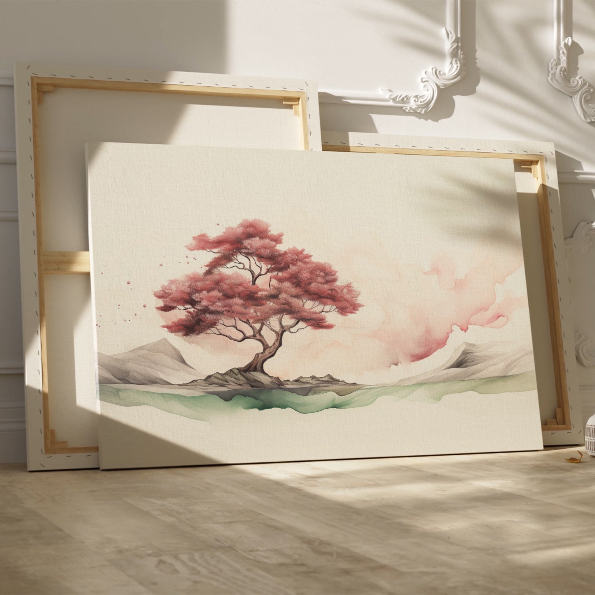 Framed canvas print of a serene ink wash painting featuring a cherry blossom tree and misty landscape