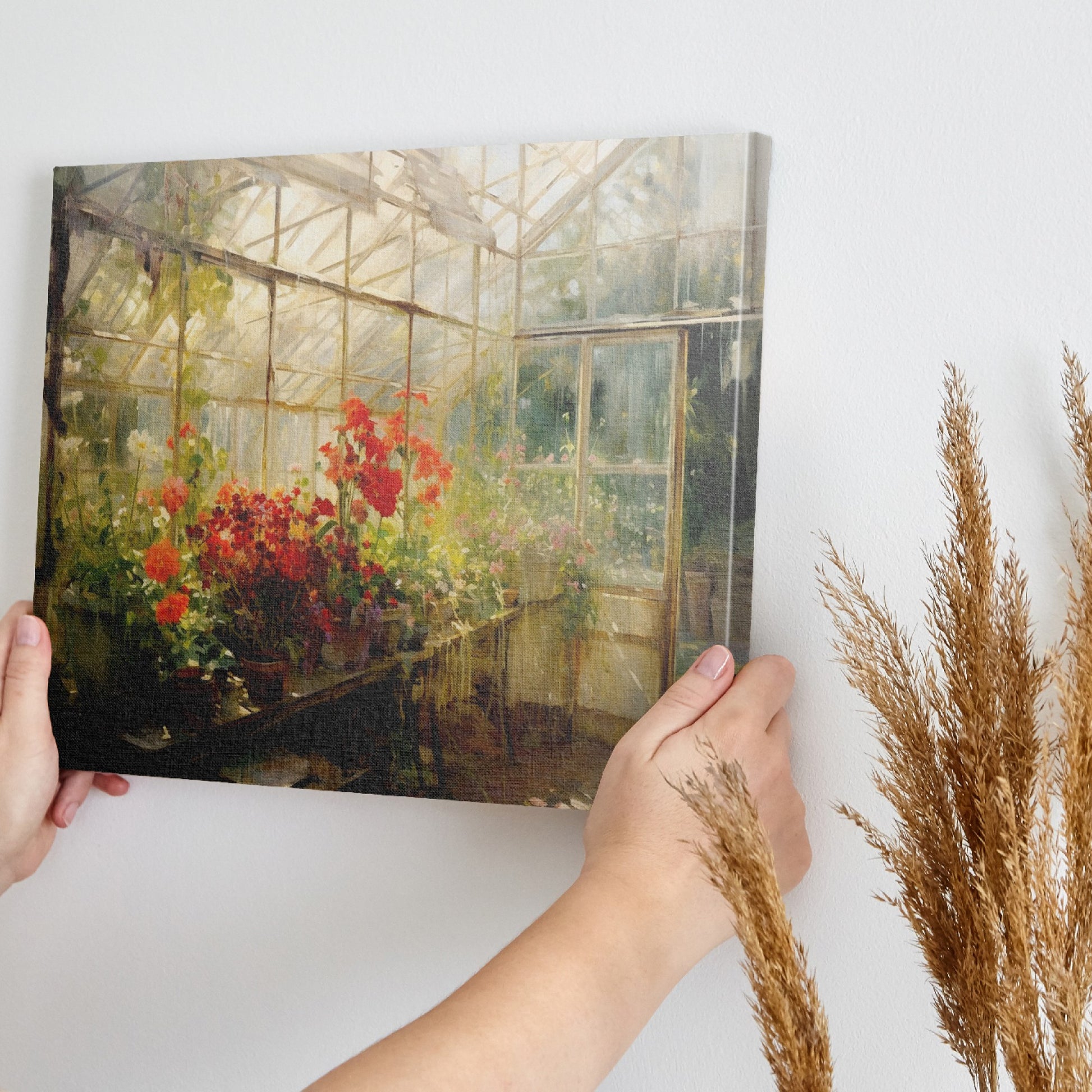 Framed canvas print of a vibrant greenhouse scene with blooming flowers and sunlit warmth