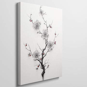 Framed canvas print of monochrome cherry blossoms with red accents