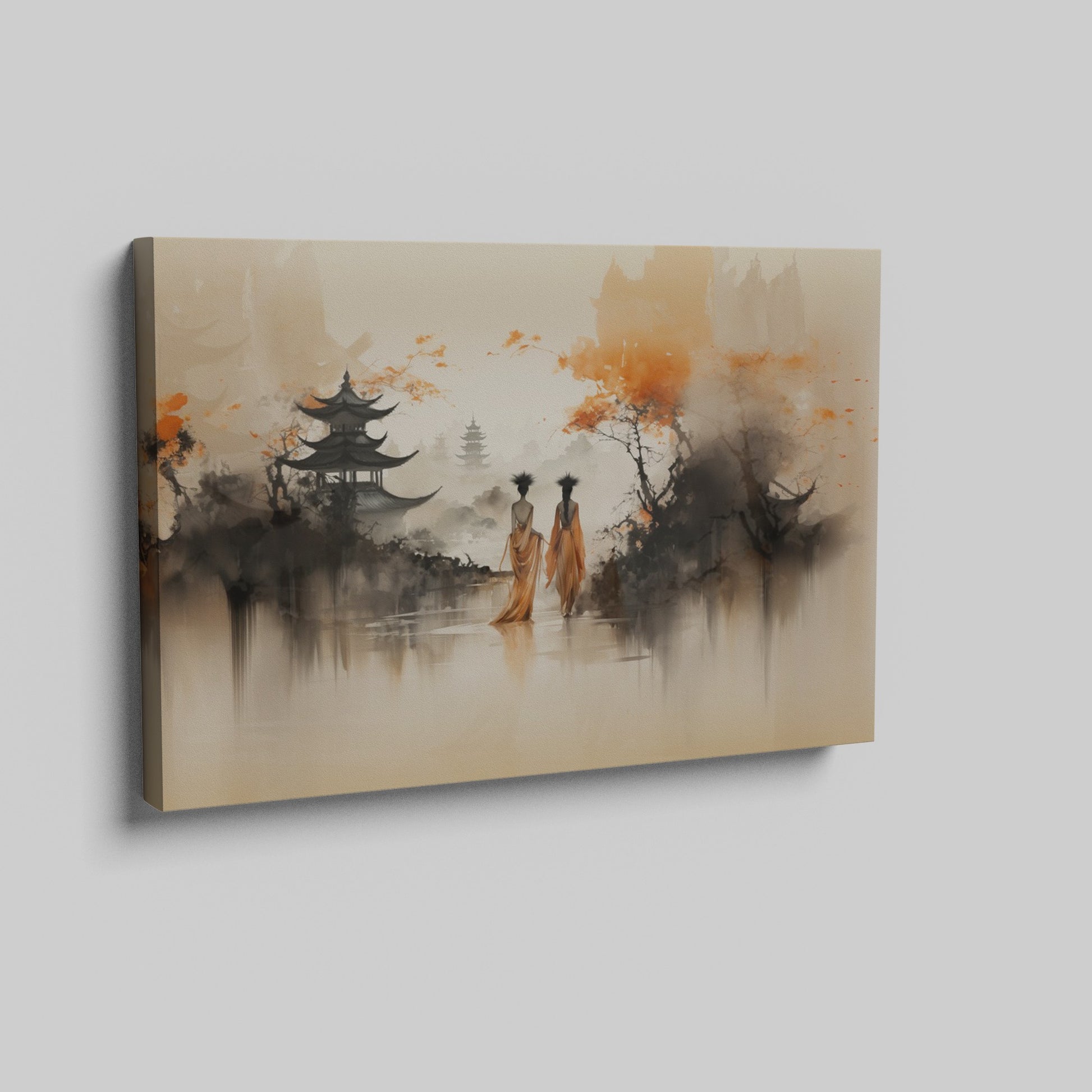 Framed canvas print of Oriental landscape with autumn colors and pagoda silhouettes