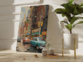 Framed canvas print of nostalgic New York street scene with vintage cars and historic buildings