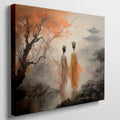 Framed canvas print of oriental scenery with two figures, autumn trees, and a pagoda