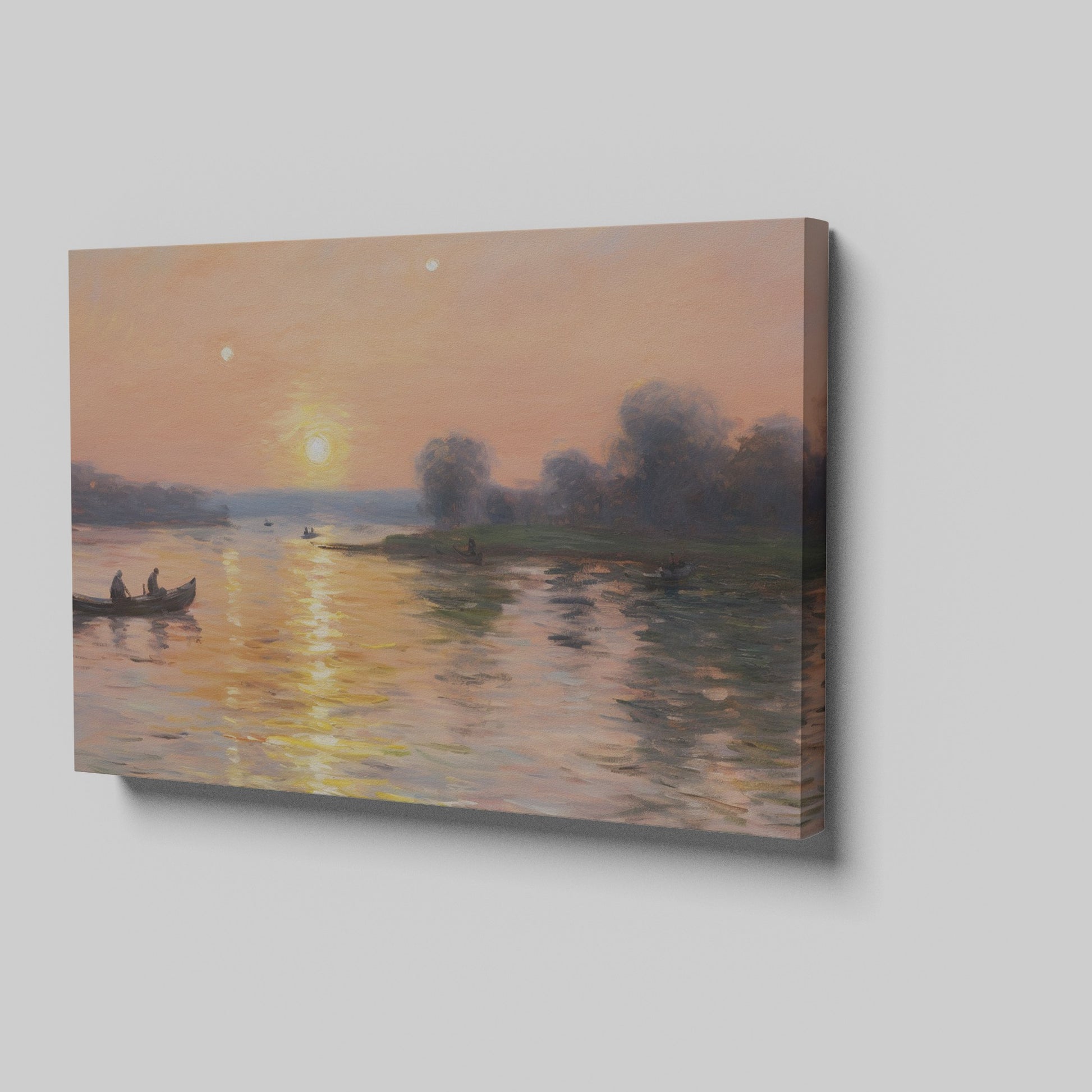 Framed canvas print of an impressionist sunset river scene with canoes and a warm glow