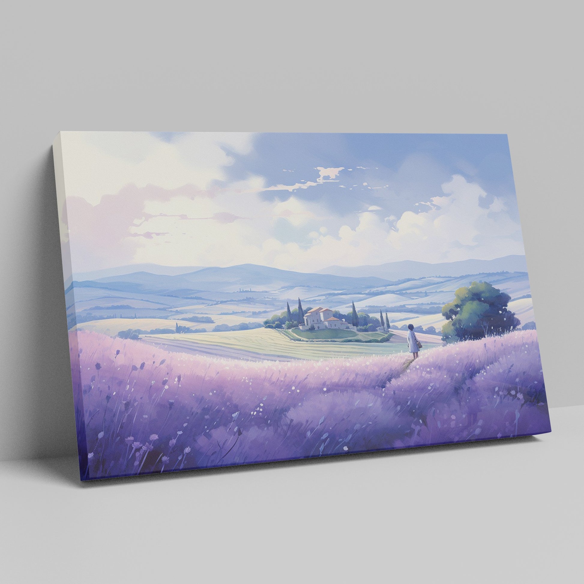 Framed canvas print of a scenic countryside with lavender fields and a rustic house