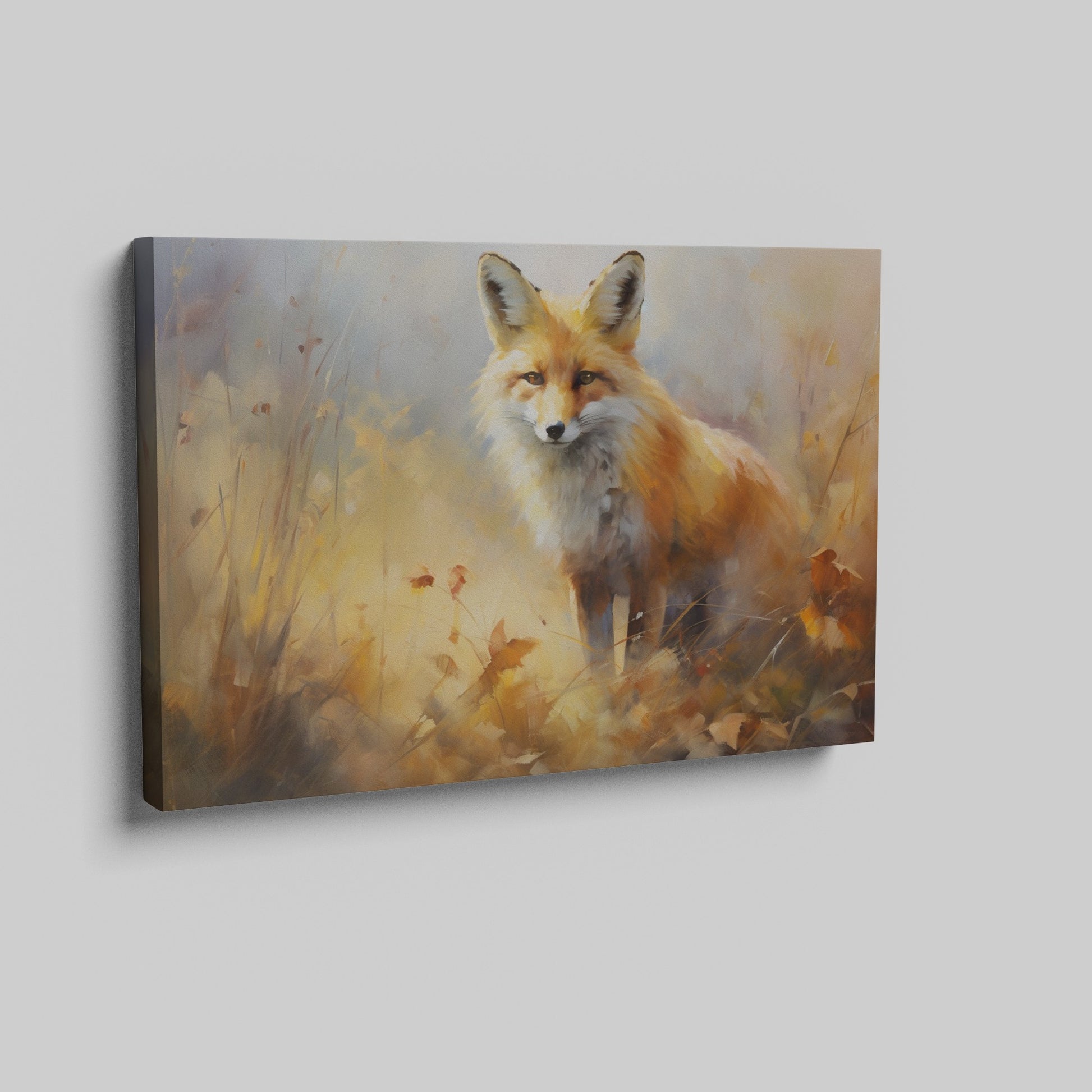 Framed canvas print of an impressionist painting of a fox set against the backdrop of golden autumn leaves and soft brushstrokes