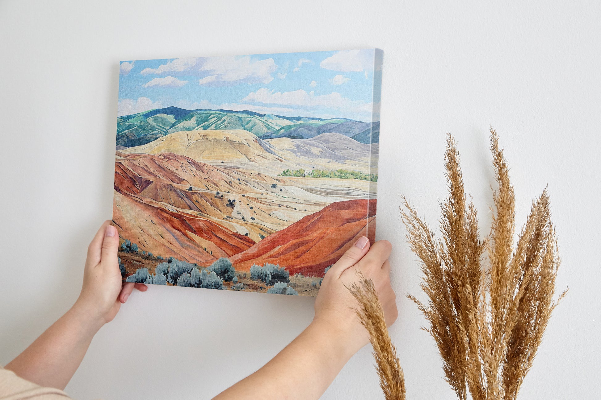 Framed canvas print of a serene and rustic painted hills landscape