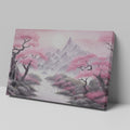 Framed canvas print of Oriental cherry blossom landscape with misty mountains and serene lake