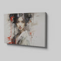 Framed canvas print of ethereal geisha in modern ink style with red accents