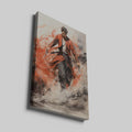 Framed canvas print of a dynamic Samurai in traditional red and black attire with expressive brush strokes