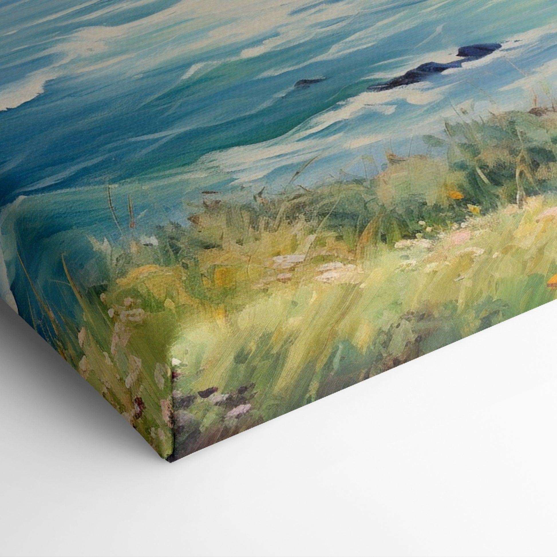 Framed canvas print of an impressionistic seascape with cliffs, wildflowers, and ocean