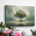 Framed canvas print of a serene landscape with a solitary tree and its reflection amidst ethereal clouds