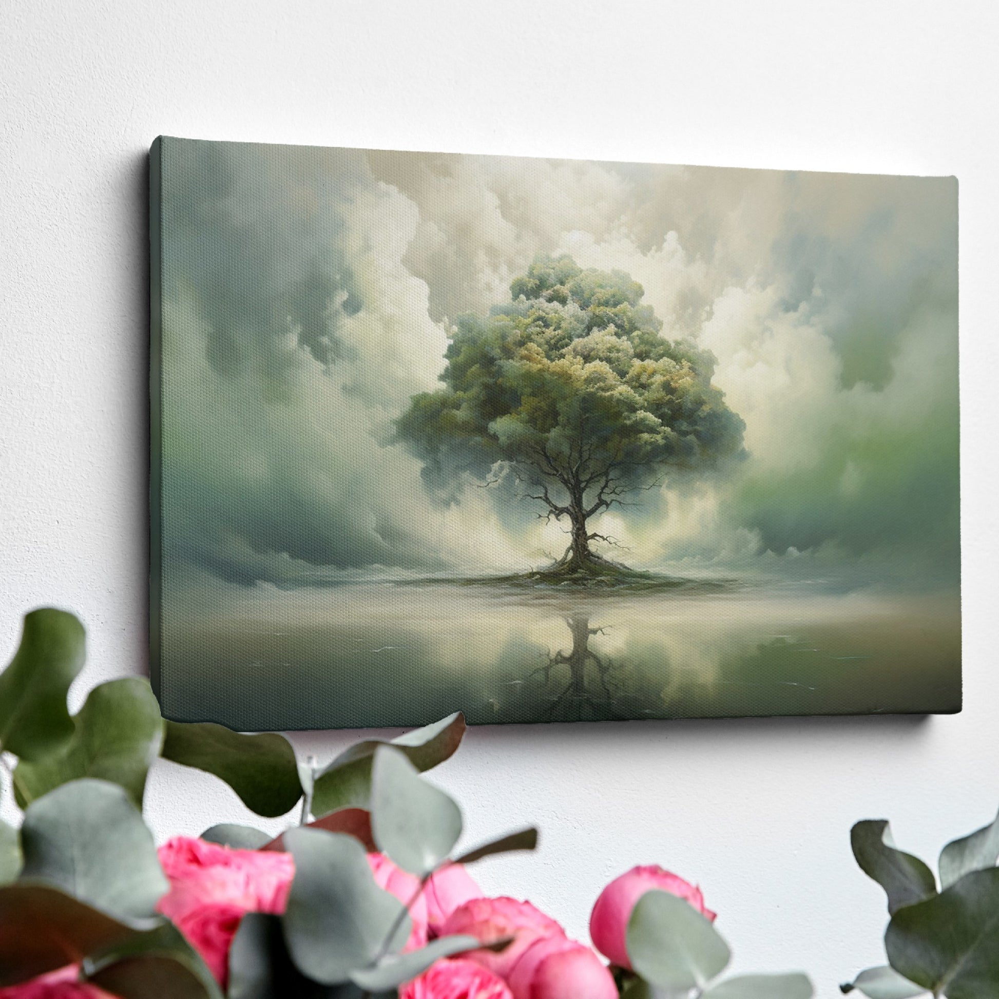 Framed canvas print of a serene landscape with a solitary tree and its reflection amidst ethereal clouds