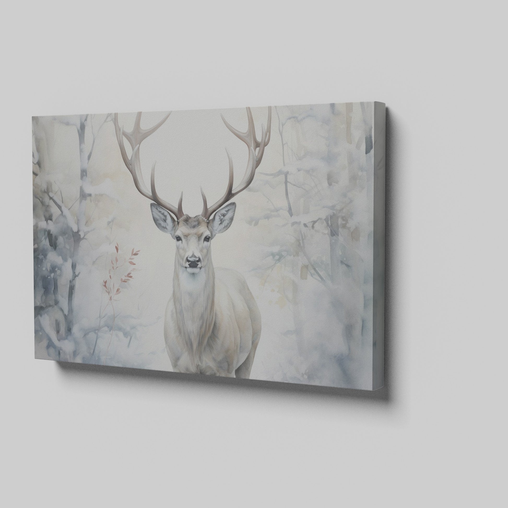 Framed canvas print of a majestic stag set against a snowy forest backdrop with soft beige and white tones