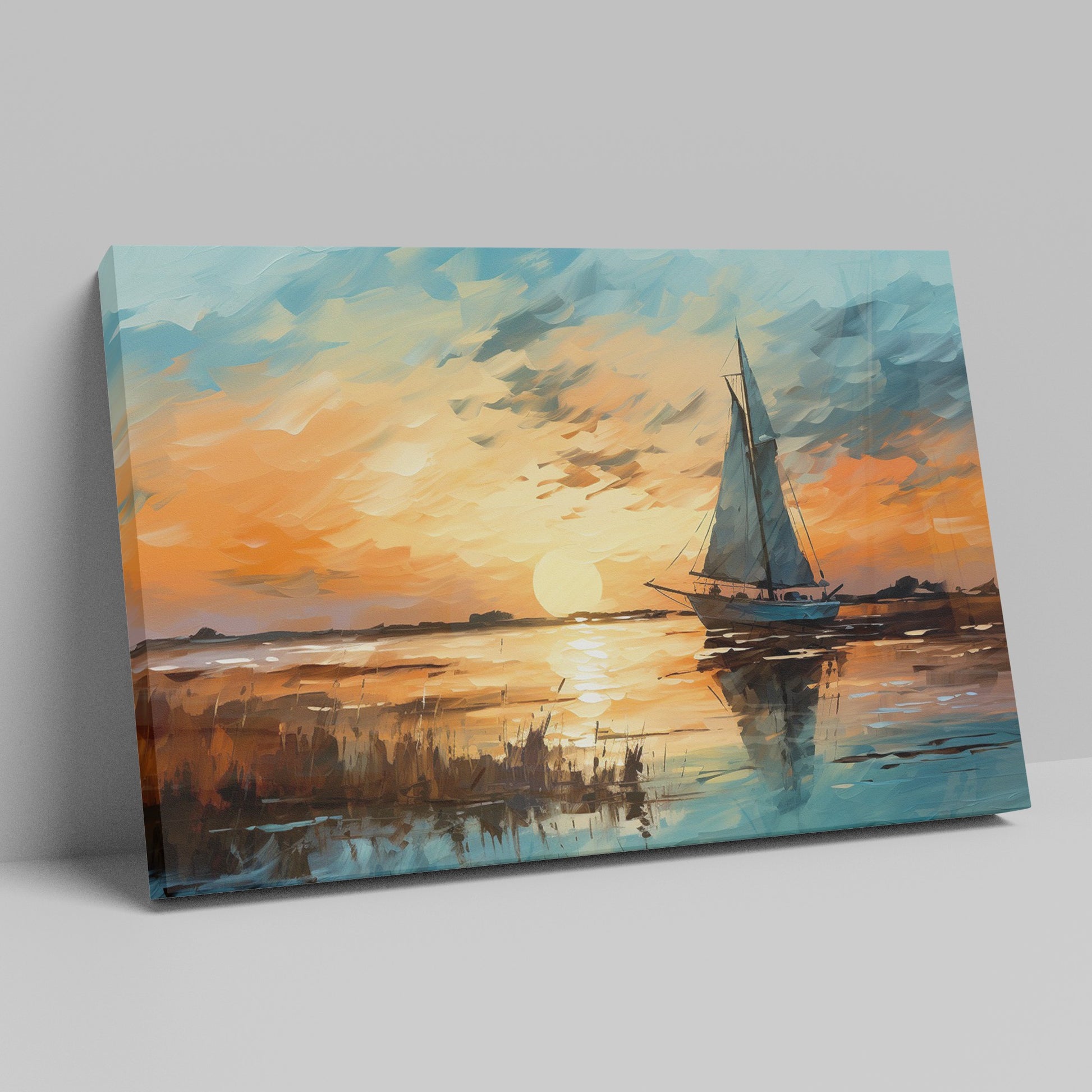 Framed canvas print of an impressionist painting depicting a sailboat at sunset with vibrant oranges and blues