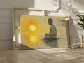 Framed canvas print of a meditative figure with the sun setting over water, reflecting golden tones