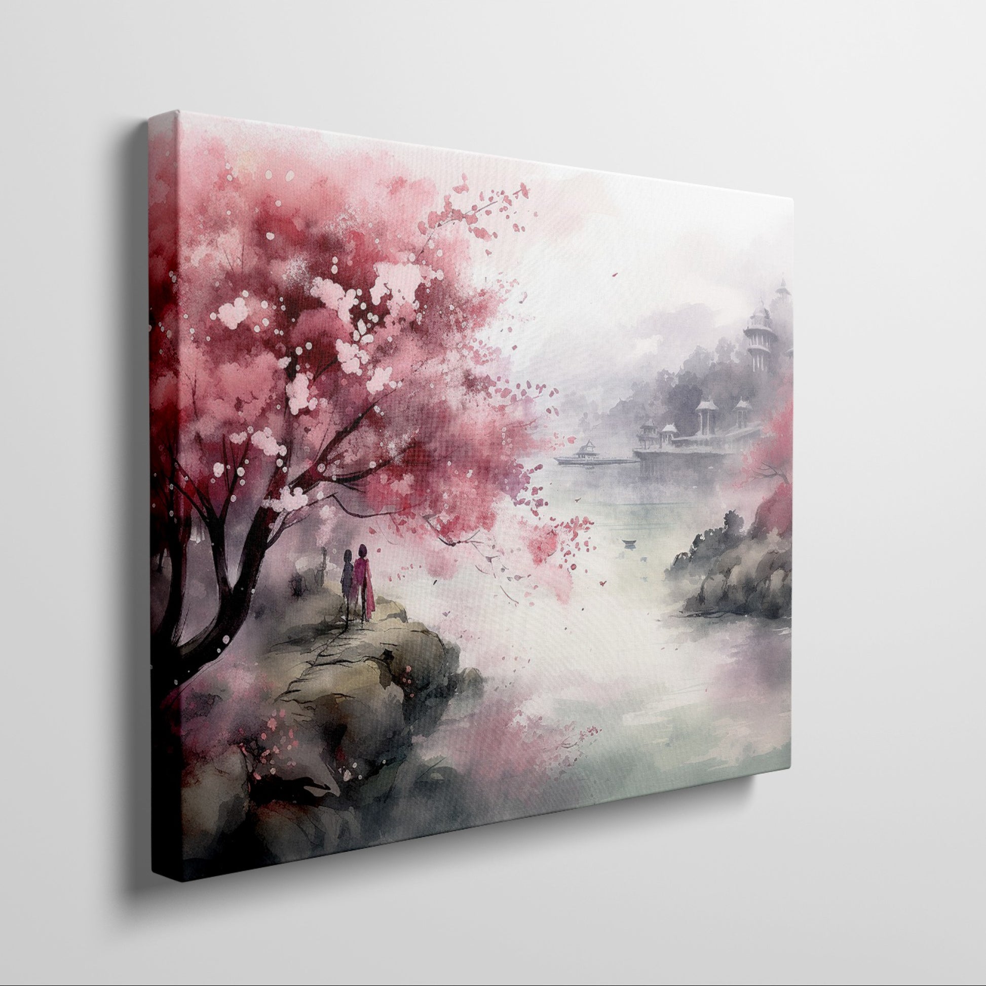 Framed canvas print of a watercolour cherry blossom landscape with figures and traditional architecture