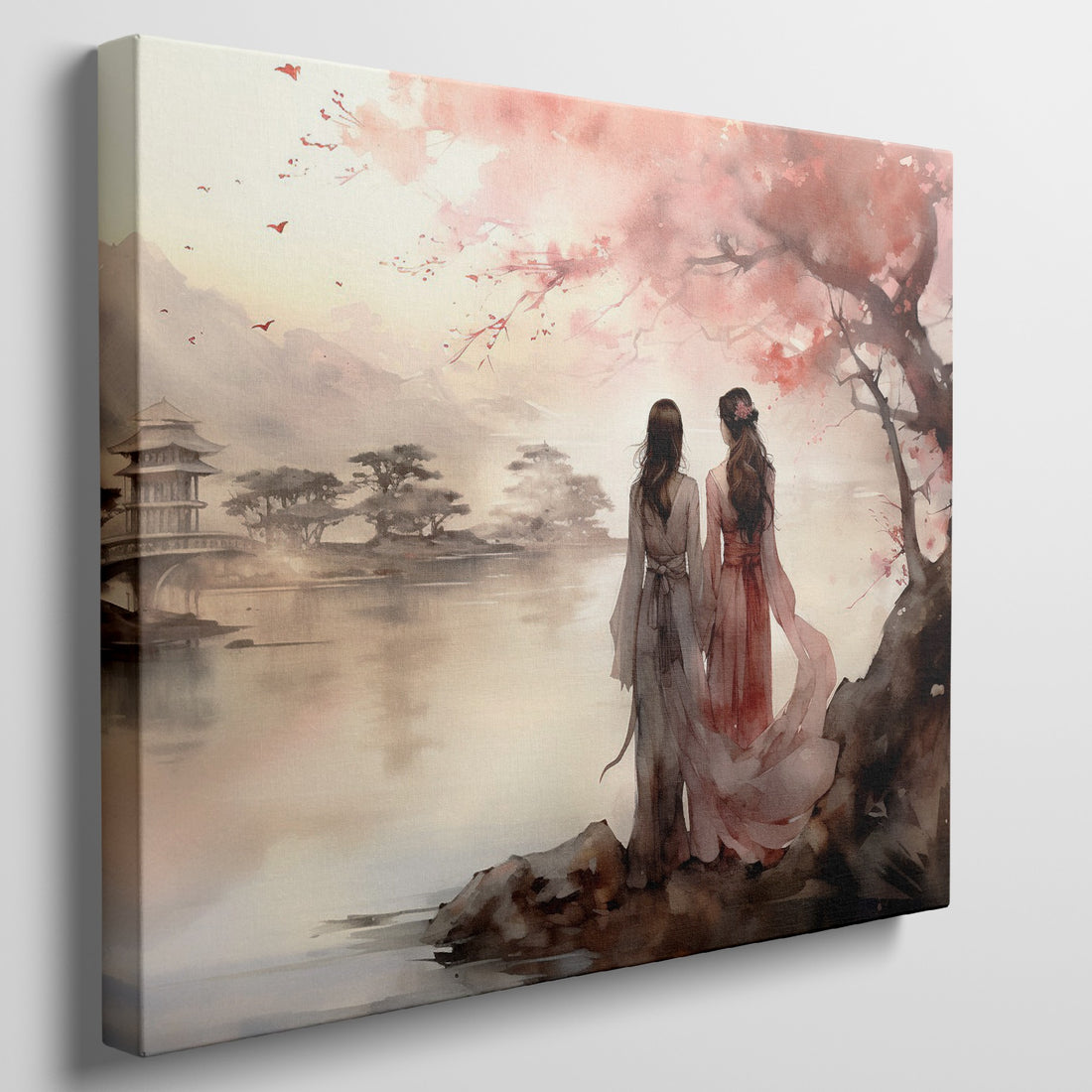 Watercolor painting of two figures in traditional Eastern apparel looking out onto a tranquil lake with a pagoda and red foliage